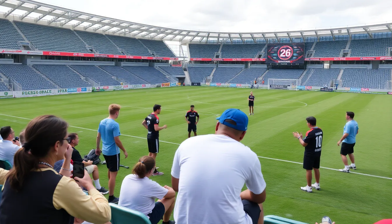Fans gather in excitement outside the stadium, wearing team colors and holding banners in anticipation of FC 26 Pro Open's crucial match on Matchday 7.