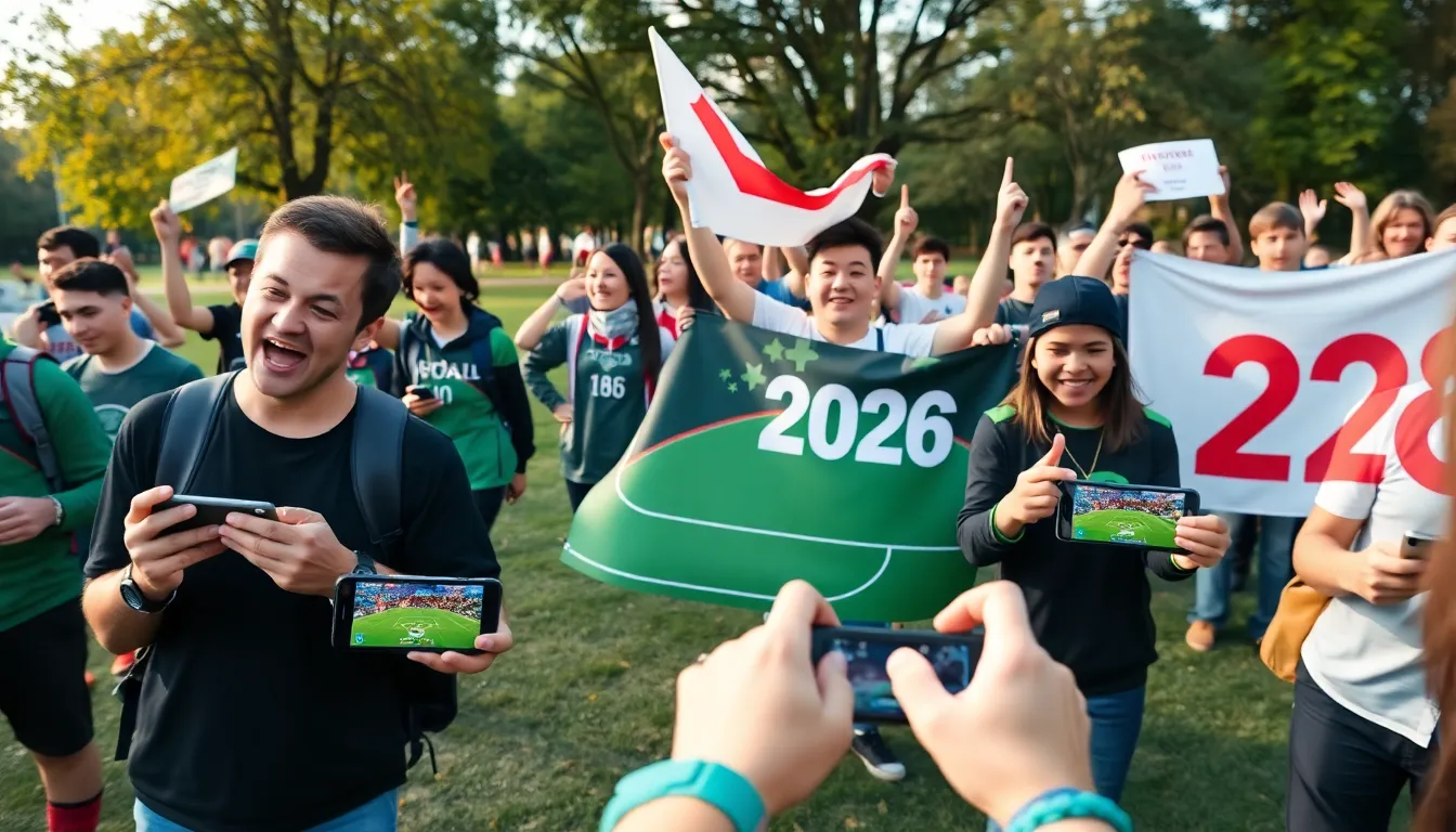 Fans gather at a bustling sports bar, eagerly watching a live broadcast of a football match while discussing the upcoming FIFA video game set to launch in 2026.