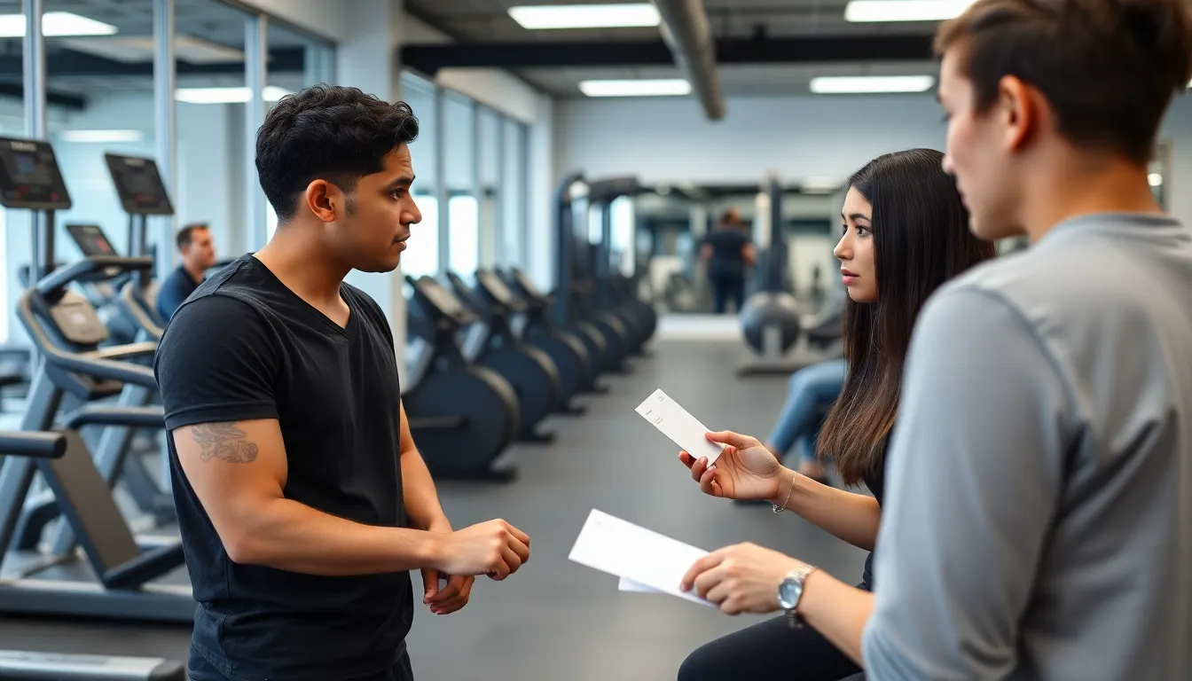 A group of concerned gymgoers gathers outside a fitness center, discussing recent reports of fraudulent membership offers and sharing their experiences with scams.