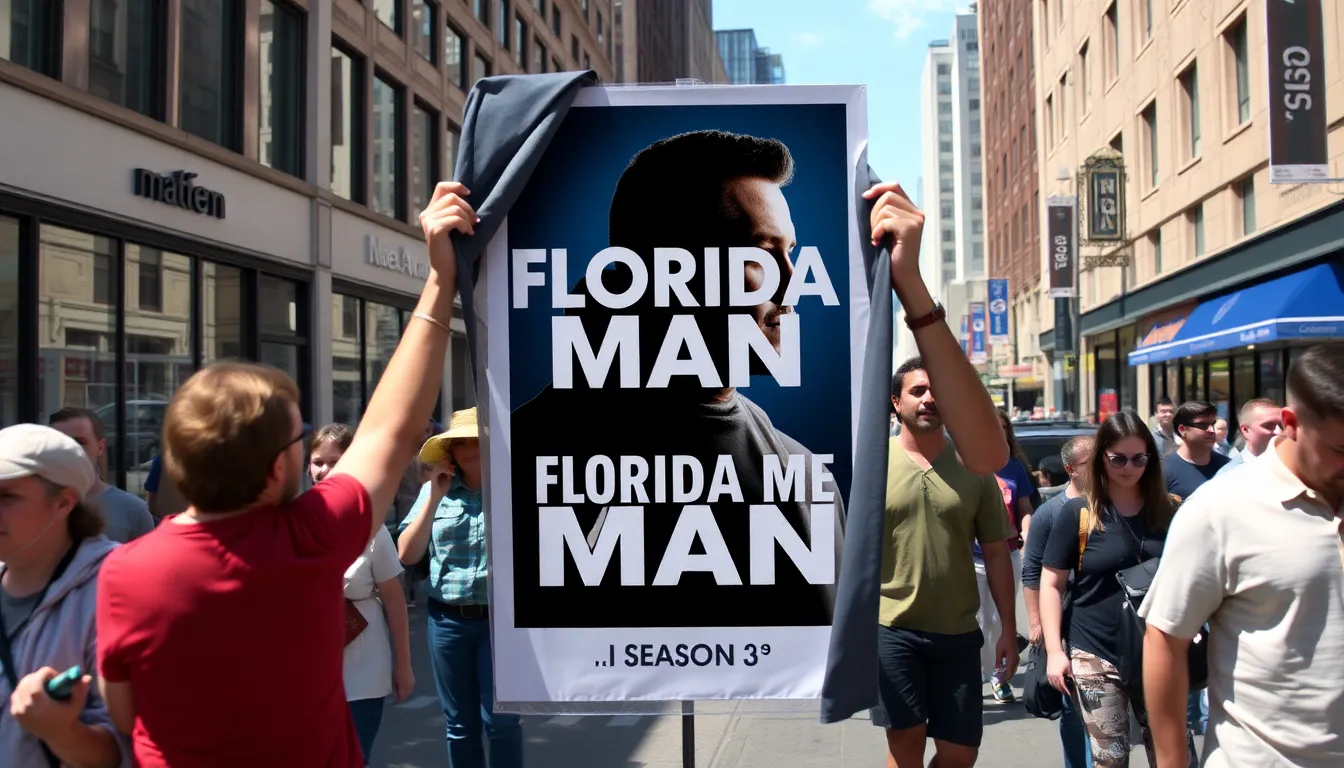 A group of excited fans gathers outside an HBO event, holding signs and wearing merchandise in anticipation of the announcement for the third season of It's Florida Man.
