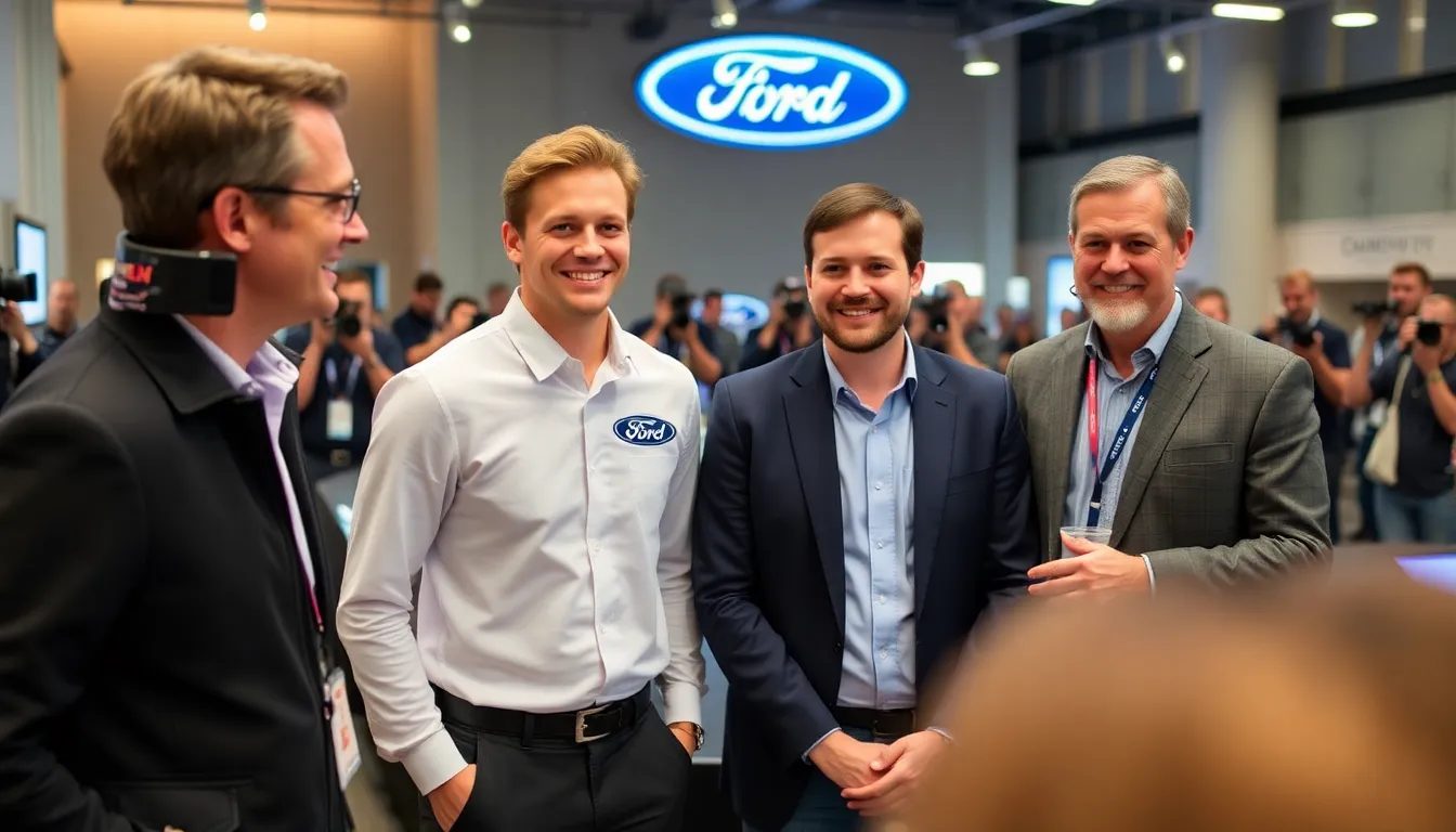 Logan Sargeant stands confidently at a press conference, flanked by Ford executives, as he is announced as one of the first drivers for the WEC Hypercar series.