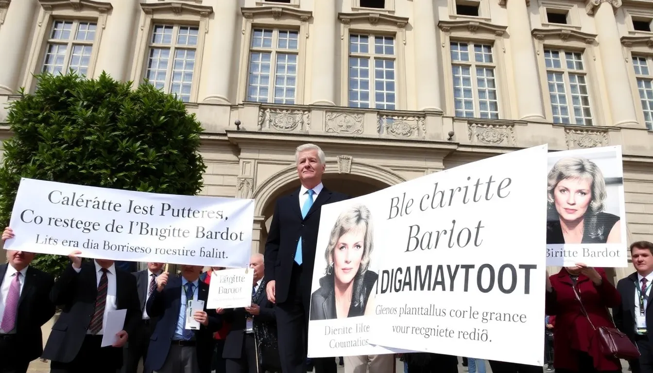 A group of French politicians gathers at a press conference to advocate for a national tribute to actress Brigitte Bardot, emphasizing her influence on cinema and culture.