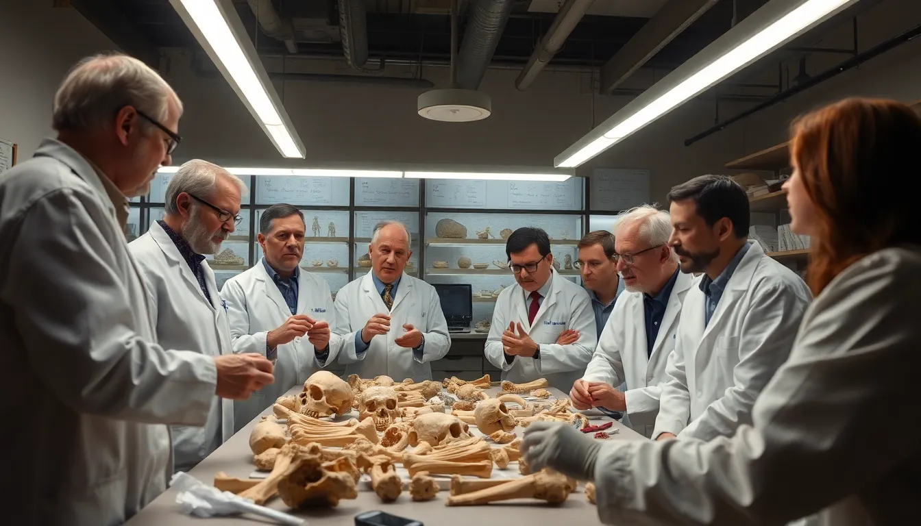 A team of researchers examines ancient bones in a laboratory, highlighting the significance of their findings on human ancestry.