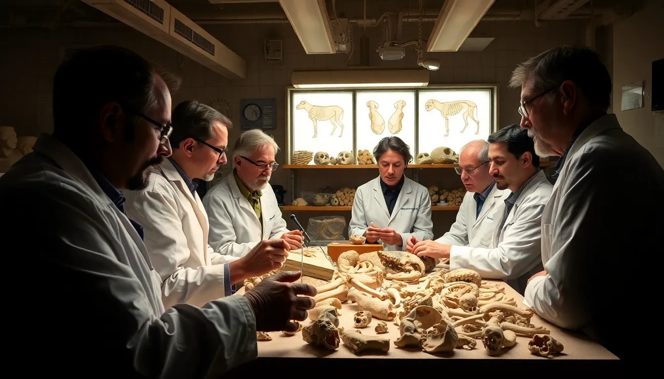 A paleontologist examining a specimen with a magnifying tool, highlighting the detailed study of human ancestry