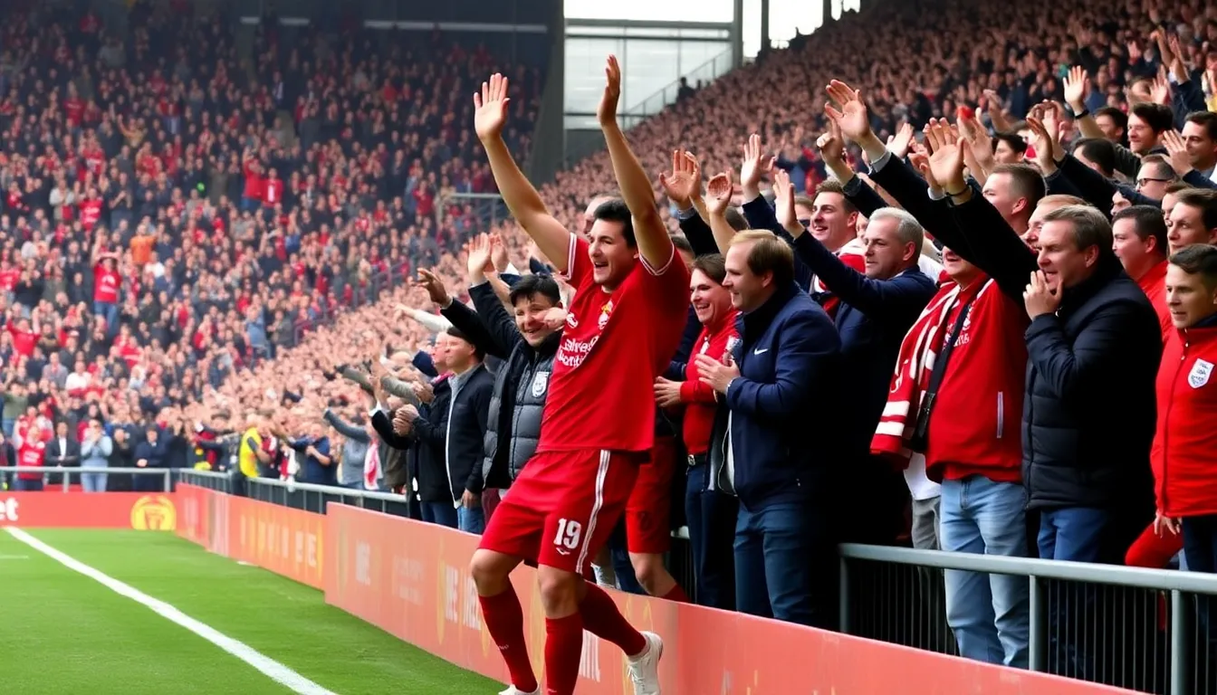 Fulham players celebrate passionately after Tom Cairney scores a lastminute equalizer against Liverpool at Craven Cottage.