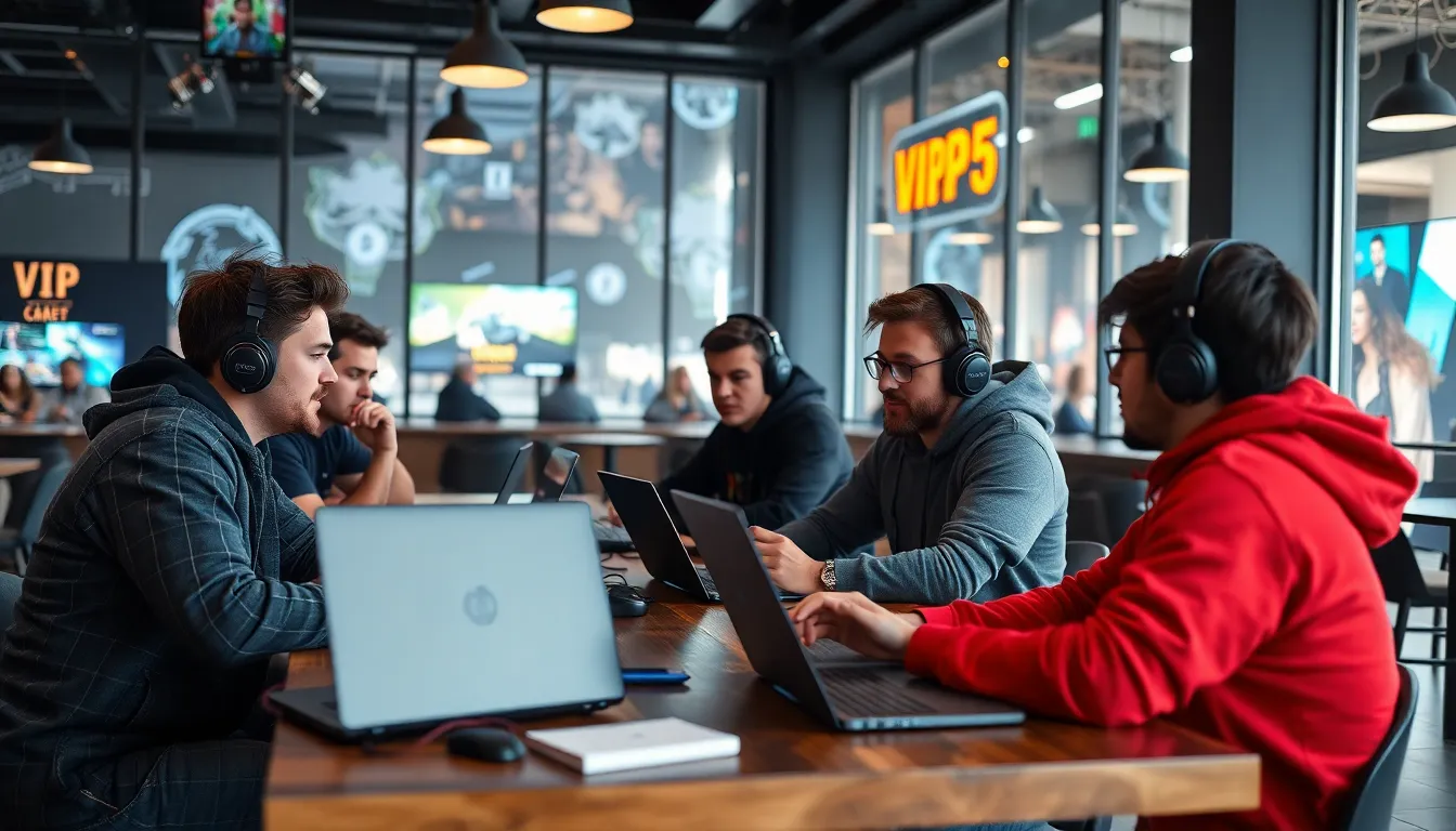 A group of gamers intensely focuses on their screens during a competitive gaming event, surrounded by colorful LED lights and large displays showcasing gameplay.