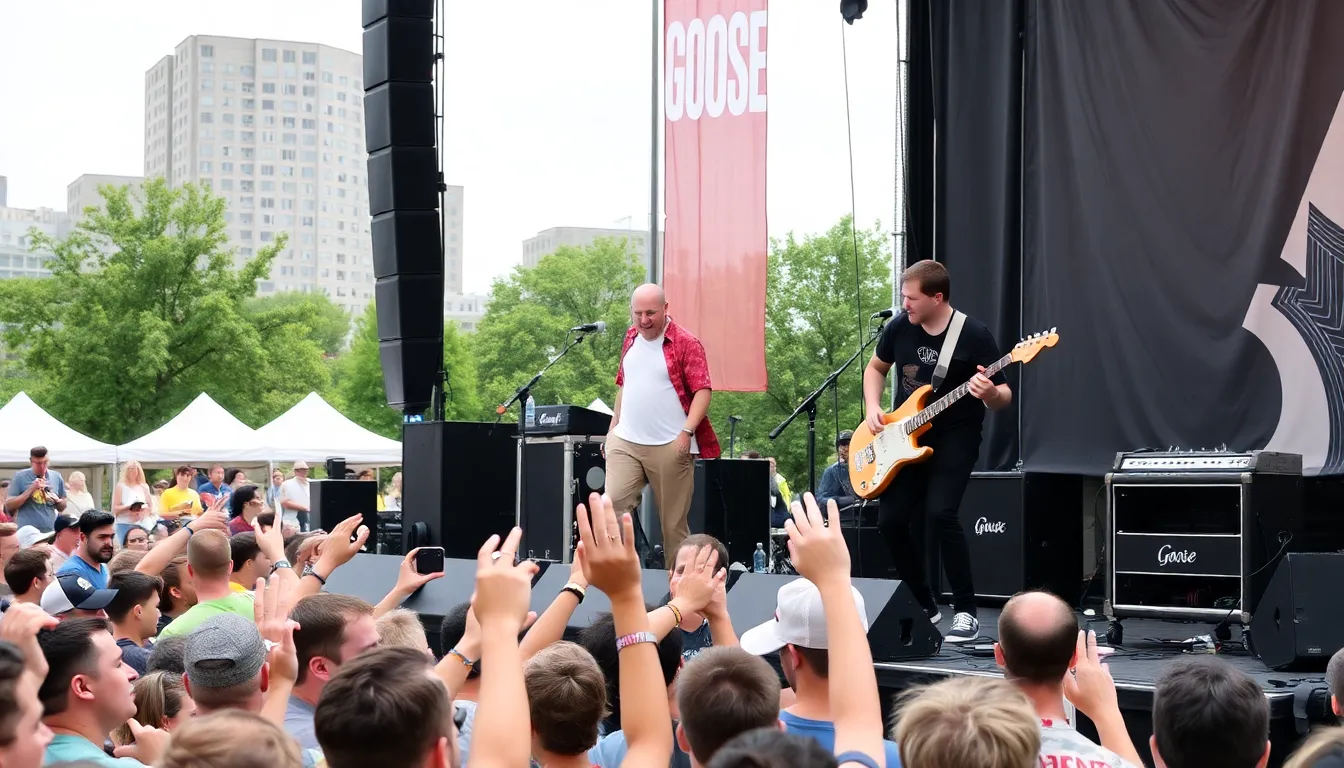 A lively crowd enjoys a performance by the band Geese at a music festival, with colorful lights illuminating the stage and fans dancing enthusiastically.