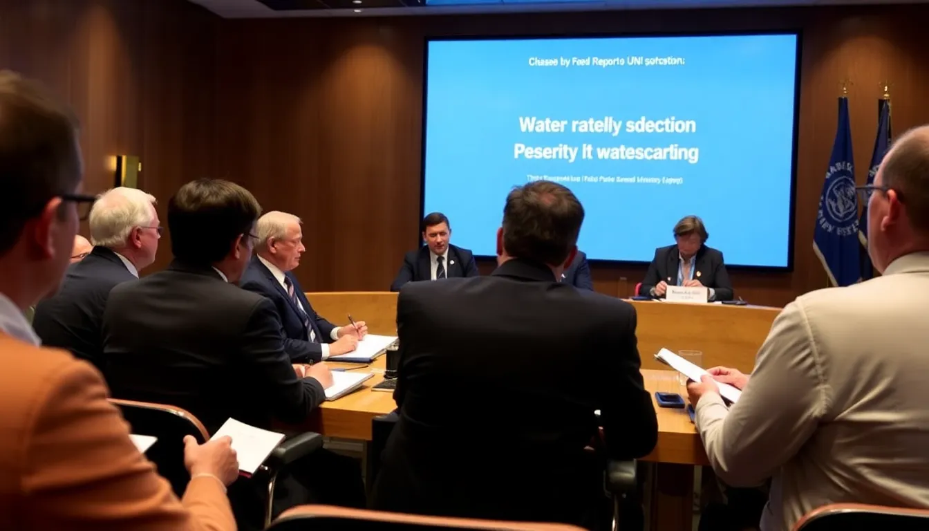 A group of international representatives gather around a table, engaging in dialogue about water governance and cooperation to address the global water crisis
