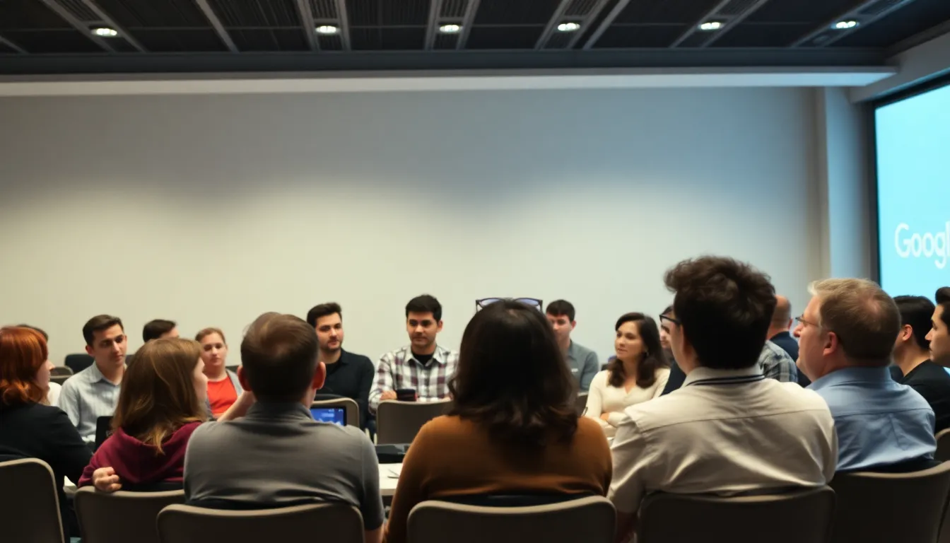 A diverse group of professionals listens attentively as a Google representative discusses the new Gmail feature during a Google Workspace event.