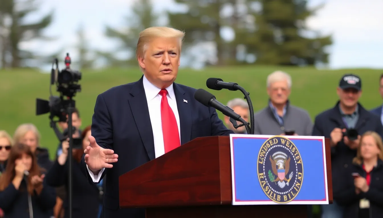 Former President Donald Trump speaks at a podium during a press conference, emphasizing his renewed interest in Greenland amidst discussions on U.S. foreign policy and Arctic strategy.