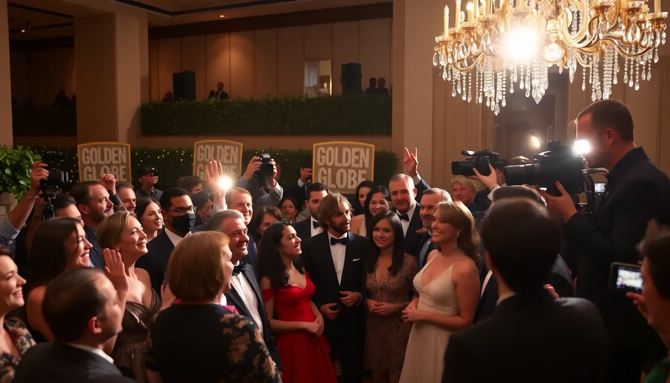 Jodie Comer and Rufus Sewell celebrate on stage after 'Hamnet' wins the Golden Globe for Best Drama at the awards ceremony.