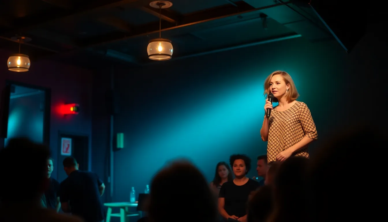 Hannah Berner stands on stage with a microphone in hand, smiling as she prepares to deliver her standup routine to an enthusiastic audience.