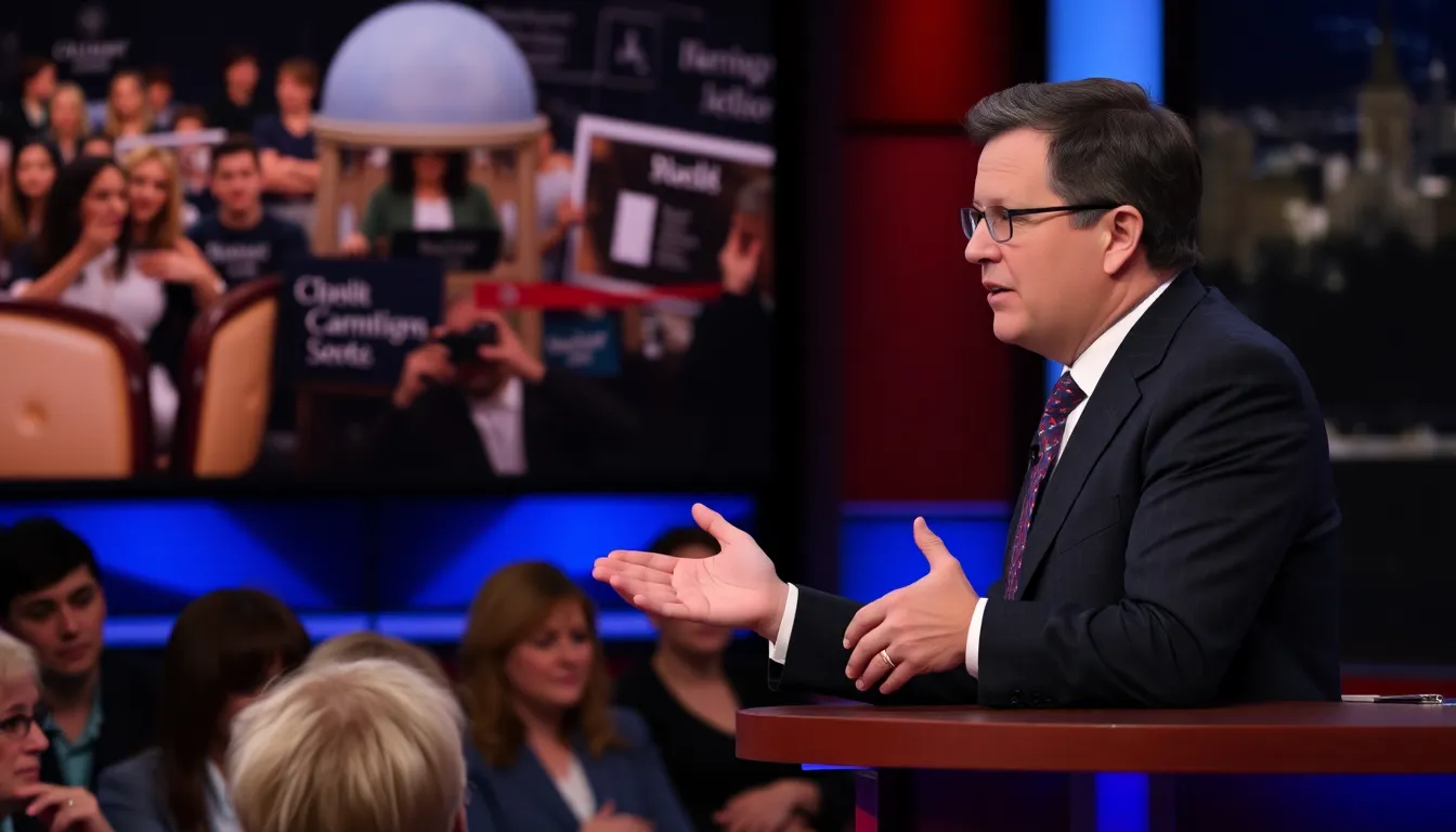 Stephen Colbert's latenight show features sharp political satire that resonates with audiences grappling with modern societal issues