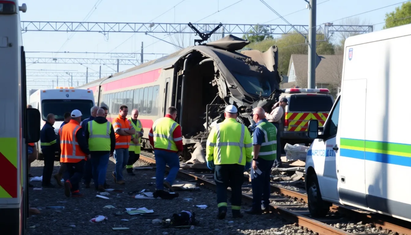 Emergency responders work at the scene of a highspeed rail crash, where multiple carriages have derailed, leaving debris scattered and injured passengers being assisted.