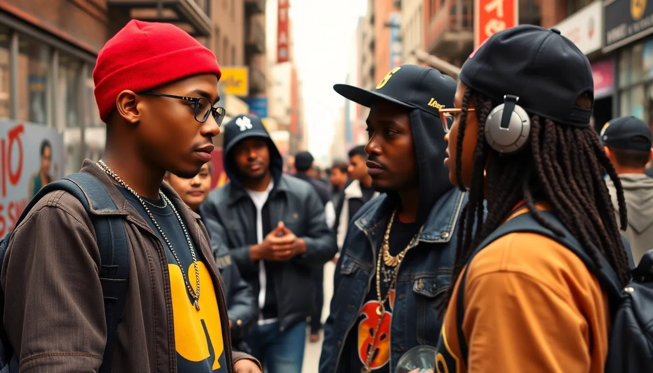 A group of fans gathers outside a theater, eagerly discussing the impact of a new documentary on the WuTang Clan as they wait to enter for a screening.