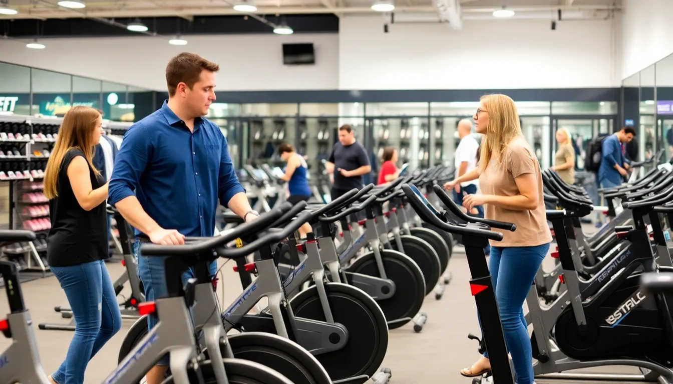 A group of individuals participating in a virtual spin class on NordicTrack bikes, highlighting the engaging community aspect of home workouts