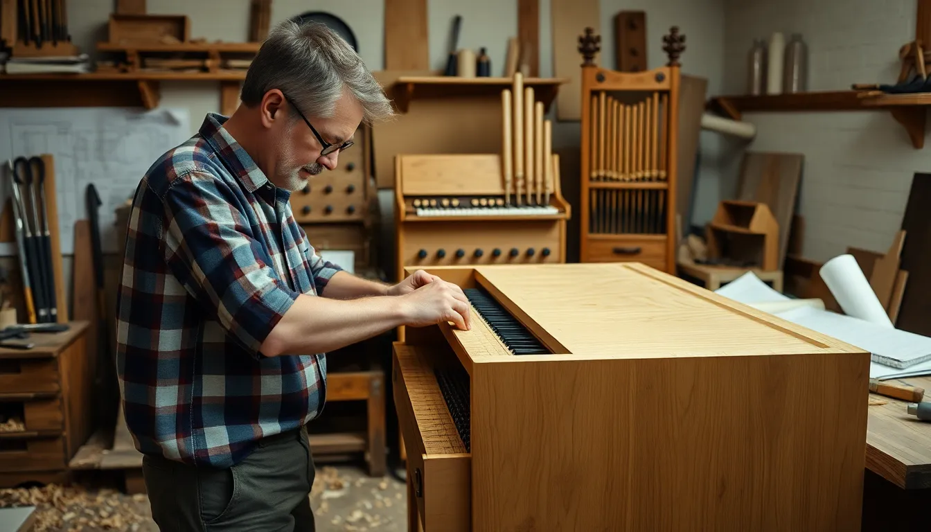 a dedicated craftsman, is seen working intently in his workshop, surrounded by various organ parts and tools, as he meticulously assembles a custom organ while sunlight streams through the windows.