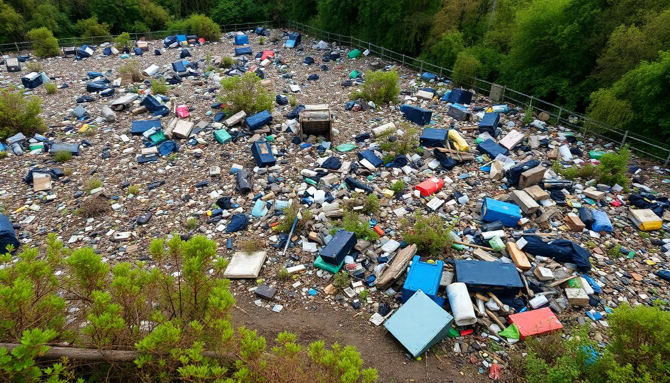 A large pile of illegally dumped waste, including construction debris and household items, is seen in an urban area, highlighting the growing problem of illegal waste tipping in England.