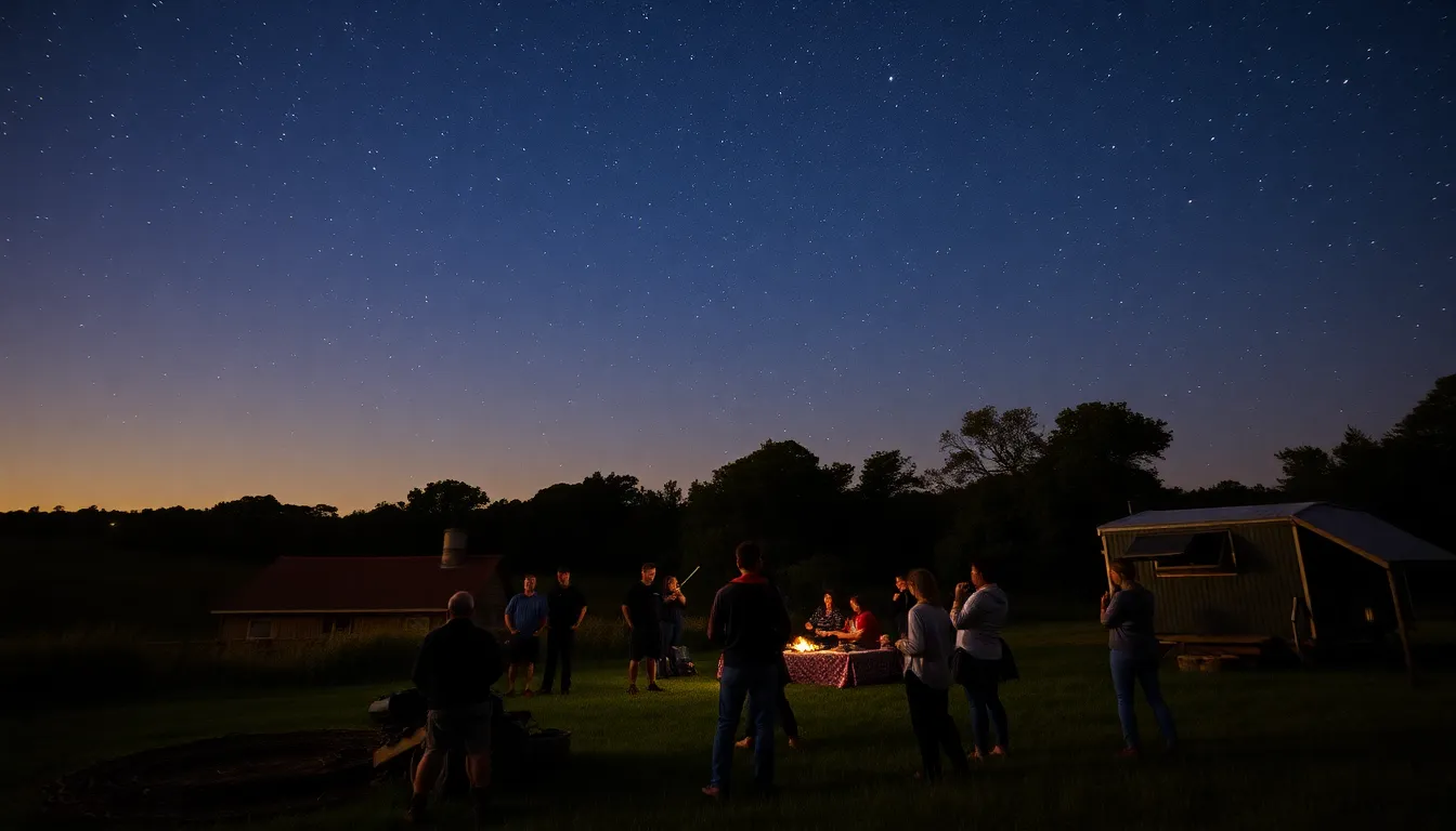 An aerial view of a bustling astrotourism site, highlighting the interaction between nature and newly established accommodations catering to stargazers