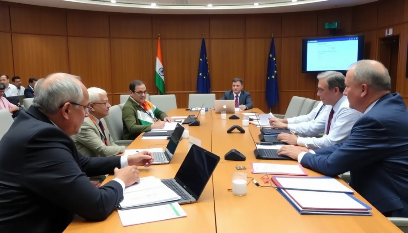 インドとEUの代表者が貿易交渉の進展を確認するために会議を開いている様子。