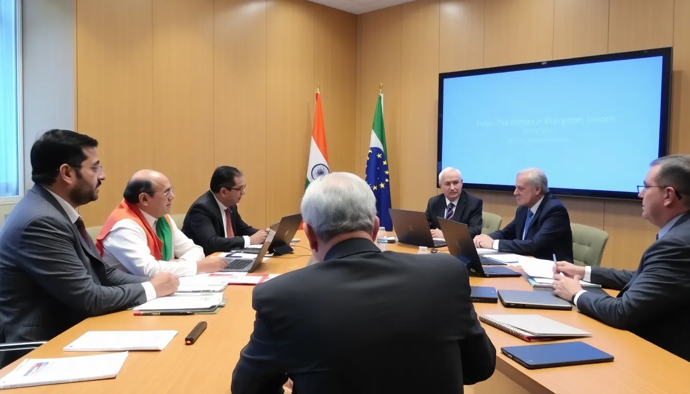A graphic representation of the trade relationships between India and the EU, highlighting significant milestones and economic statistics