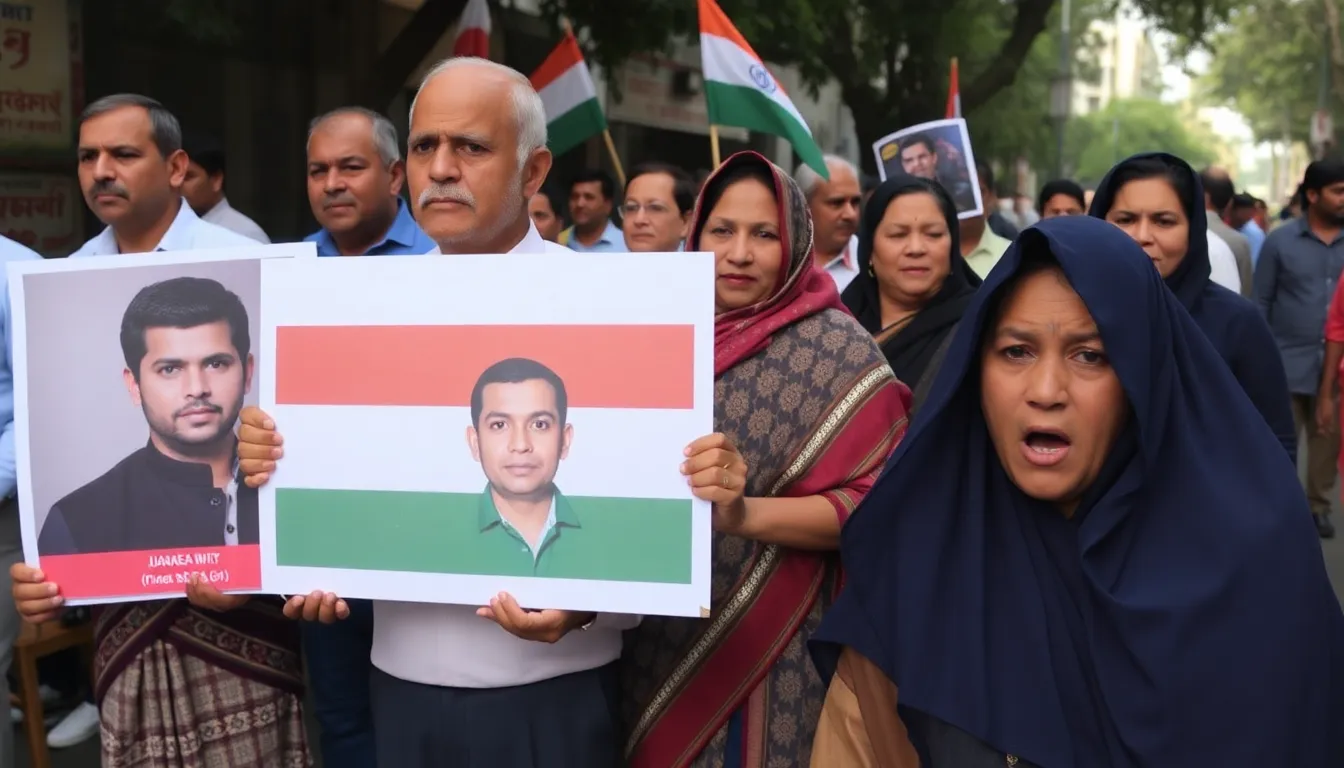 Families of crew members from the MV Helios gather in a public space in India, holding placards and expressing their anxiety over the fate of their loved ones detained by Iranian authorities.