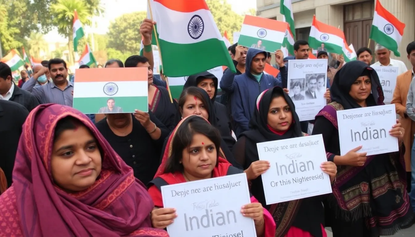 A group of protesters stands united, chanting slogans for transparency and regular updates from the Indian government regarding the fate of the detained crew members