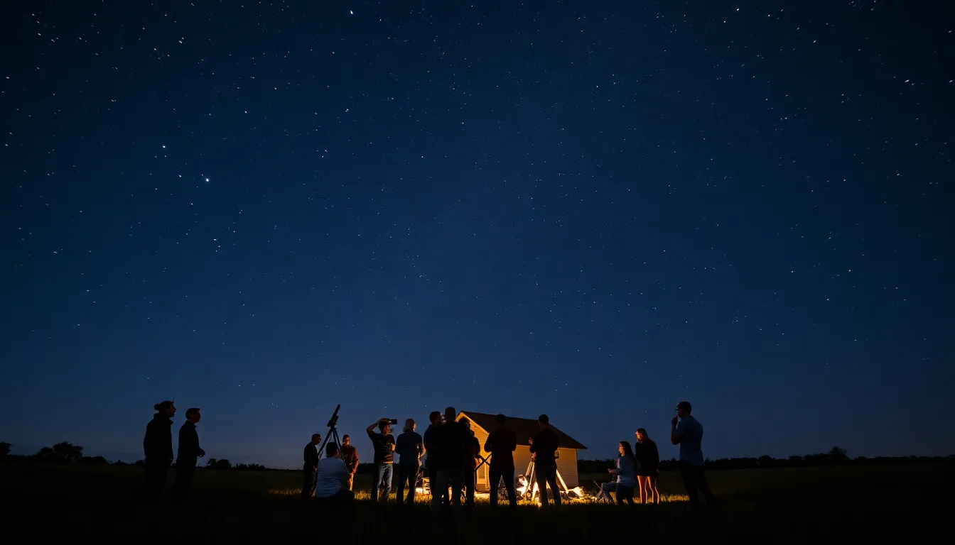 A group of urban stargazers gathers around a telescope under a clear night sky in a remote Indian location, marveling at the stars and celestial bodies.