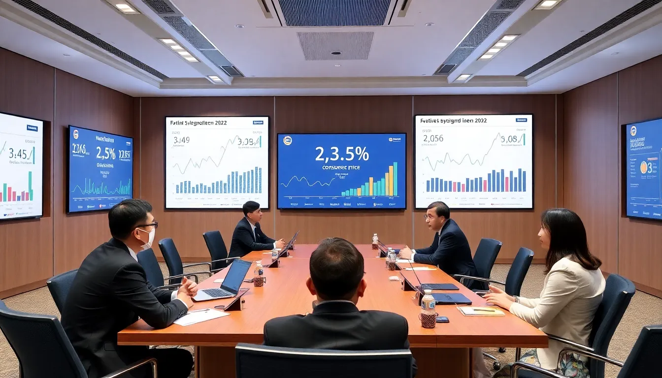 A group of economists engaged in discussion, demonstrating their cautious optimism regarding the Federal Reserve's monetary policy decisions