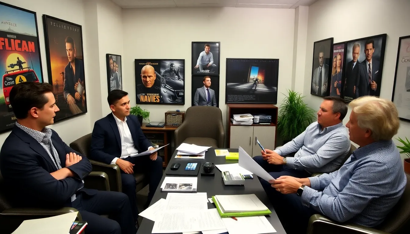 A group of investment bankers in suits discusses strategies outside a bustling Hollywood studio, with film posters and production equipment visible in the background.