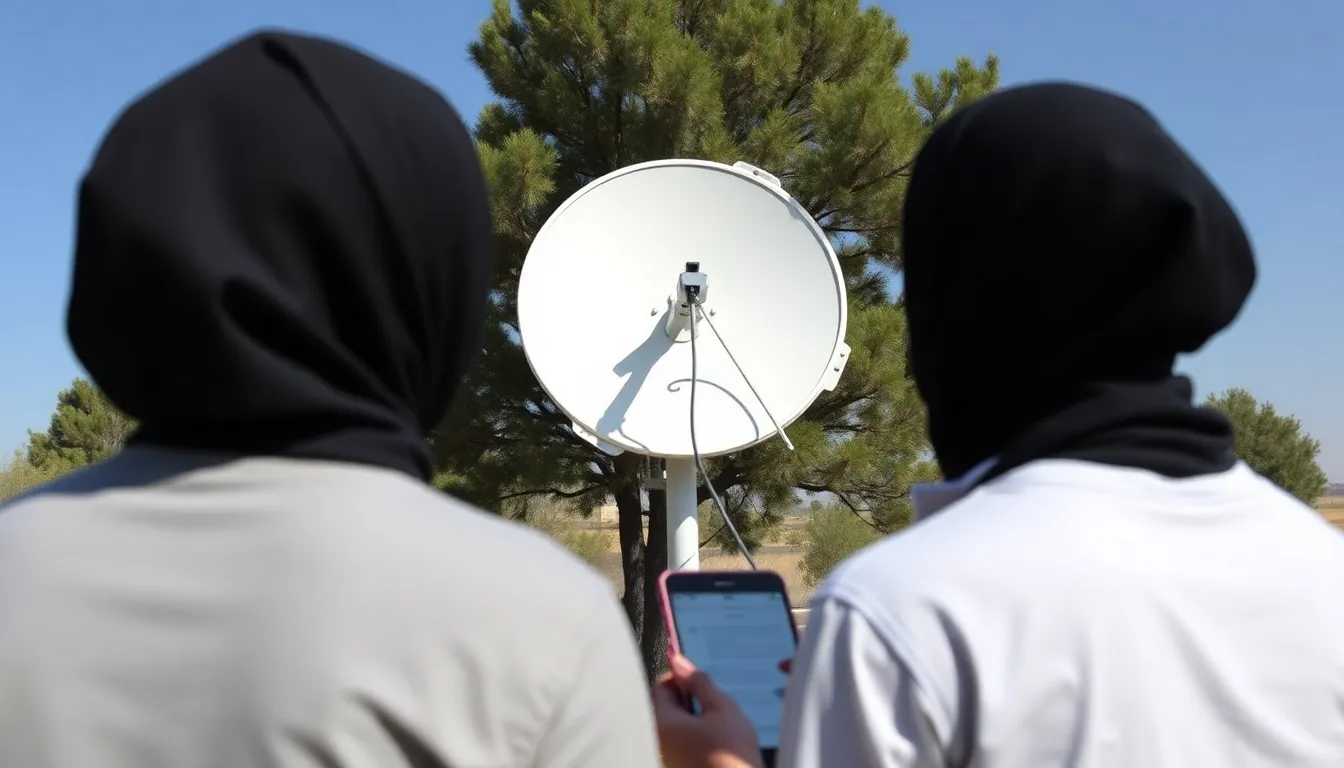 A closeup of a Starlink satellite dish installed in an Iranian neighborhood, symbolizing the fight for free communication against oppressive censorship