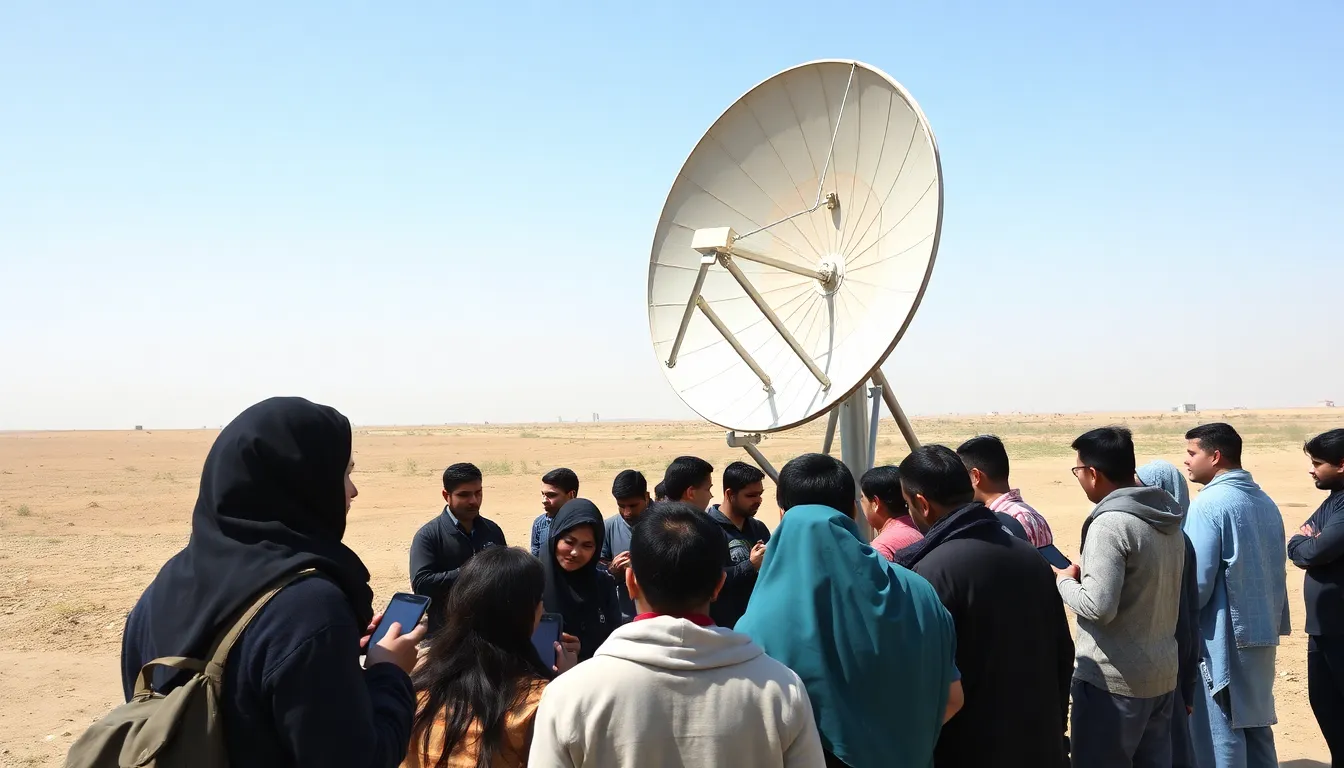 A group of people in Iran gather around a device displaying the Starlink logo, celebrating the announcement of free internet access amid ongoing government restrictions.
