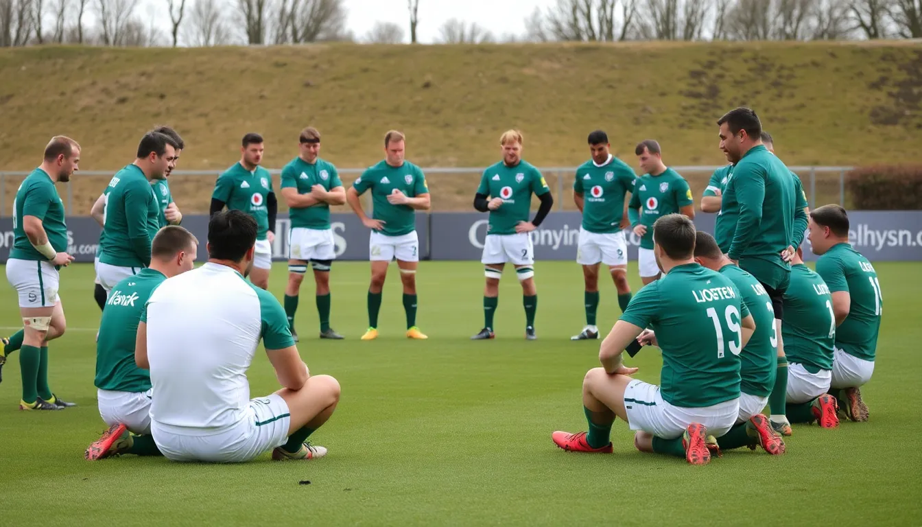 Ireland's rugby team trains on the field as they prepare for upcoming matches, with several players visibly absent due to injuries, highlighting the challenges they face this season.