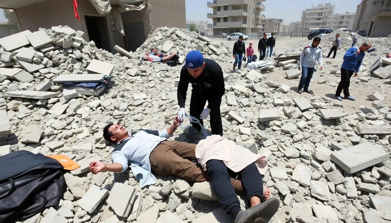 Rescue workers sift through the rubble of a destroyed building in Gaza, searching for survivors after recent airstrikes resulted in multiple casualties, including children.