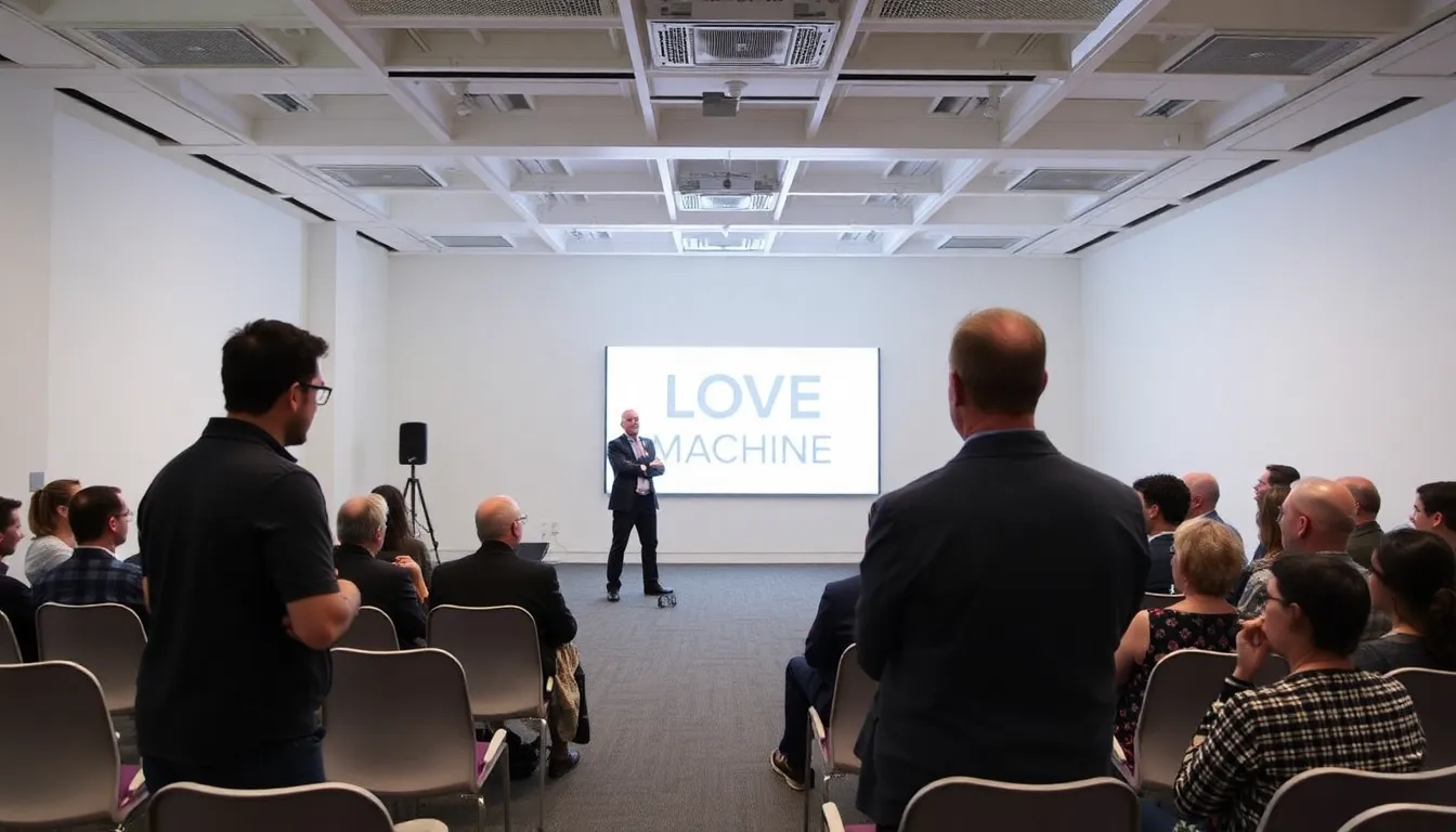 A group of people engages in a lively discussion at a conference focused on the implications of AI in human relationships, with a speaker presenting on stage in the background.
