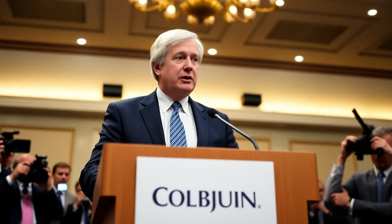 Jamie Dimon stands confidently at a podium during a press conference, discussing JPMorgan Chase's impressive financial results amidst a backdrop of reporters and flashing cameras.