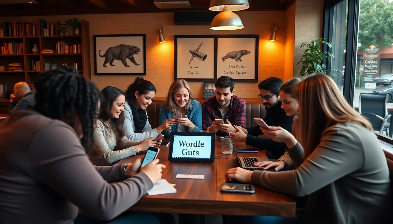 A group of friends gathered together, sharing their Wordle results and engaging in lively conversation about their guesses and tactics