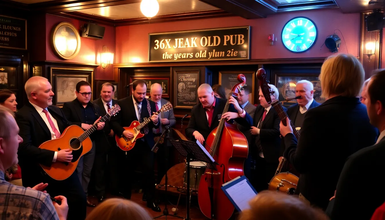 A group of jazz musicians performs on stage in a lively pub, celebrating the recreation of a historic recording from 46 years ago.