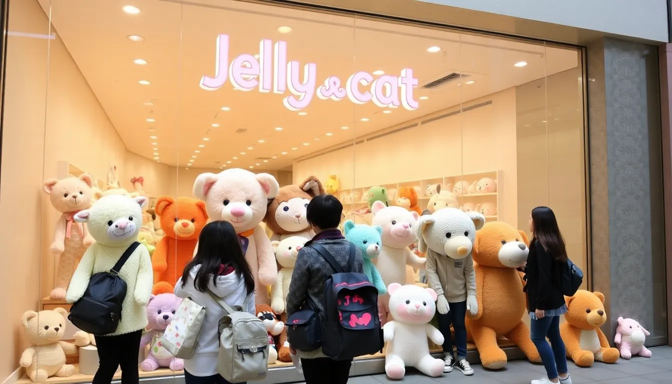 A group of children excitedly plays with various Jellycat plush toys in a brightly colored store, showcasing the brand's whimsical designs and popularity in China.