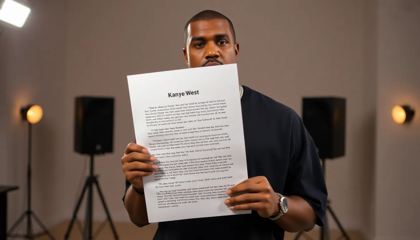 Kanye West sits at a desk, pen in hand, as he writes an apology letter, a look of contemplation on his face, surrounded by papers and a laptop.