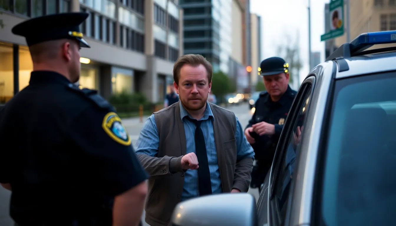 Kiefer Sutherland is being escorted by police officers after his arrest for allegedly assaulting a rideshare driver in downtown Los Angeles.
