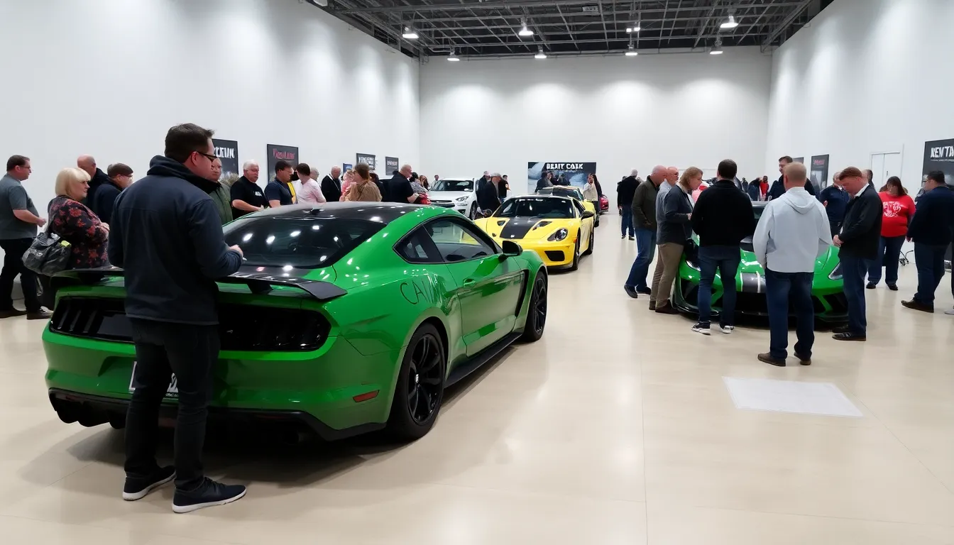 A crowd of automotive enthusiasts admires Ken Block's iconic cars, including the Hoonicorn, during a tribute event celebrating his legacy in motorsport.
