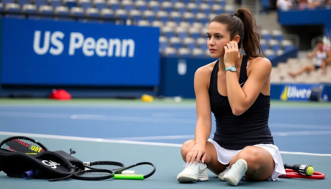 Emma Raducanu looks dejected on the court after her firstround loss at the Australian Open, surrounded by empty seats and a sparse crowd.