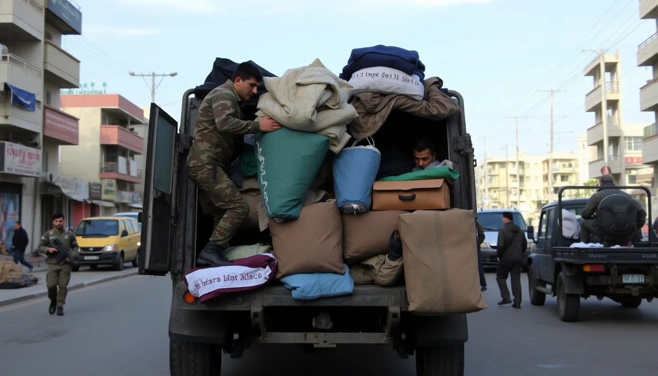 Kurdish fighters are seen leaving Aleppo, carrying their belongings as they depart the city following a ceasefire agreement with Syrian government officials.