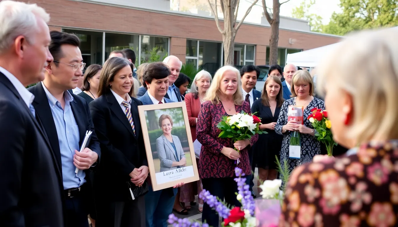 A group of mourners gathers outside a film studio, holding candles and flowers in tribute to Laura Adler, celebrating her impactful career as a casting director.