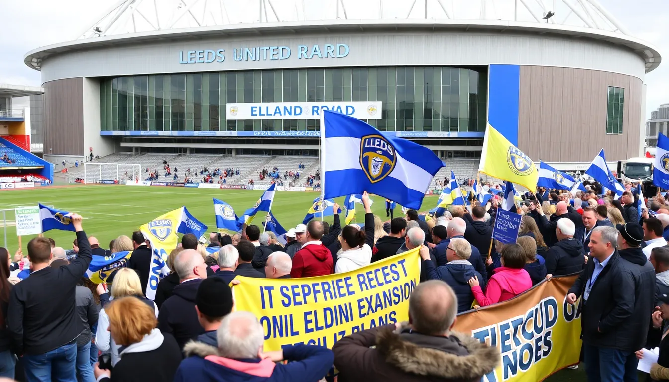 Construction workers and architects review plans for the expansion of Elland Road, the home stadium of Leeds United, as local officials celebrate the recent approval for the project.