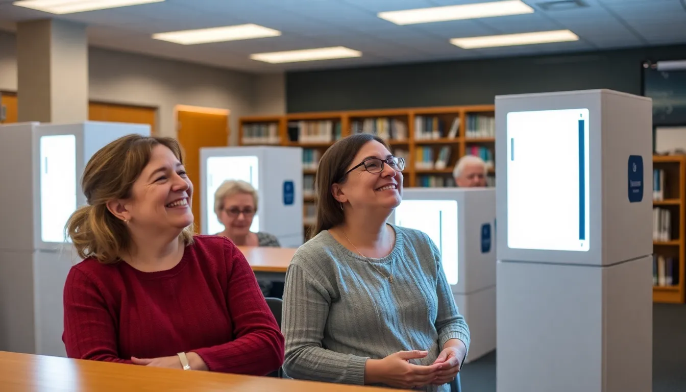 A group of community members gathered around a light therapy box in a Northern Ireland library, engaging in a discussion about mental health and the benefits of light therapy