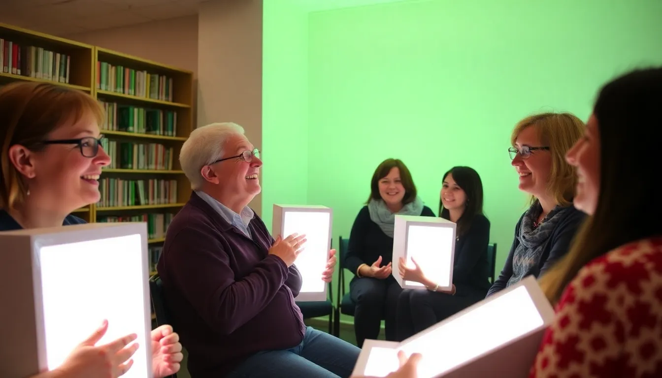 A librarian demonstrating the use of a light therapy box to a curious visitor, showcasing the supportive environment of the library in promoting mental wellness resources