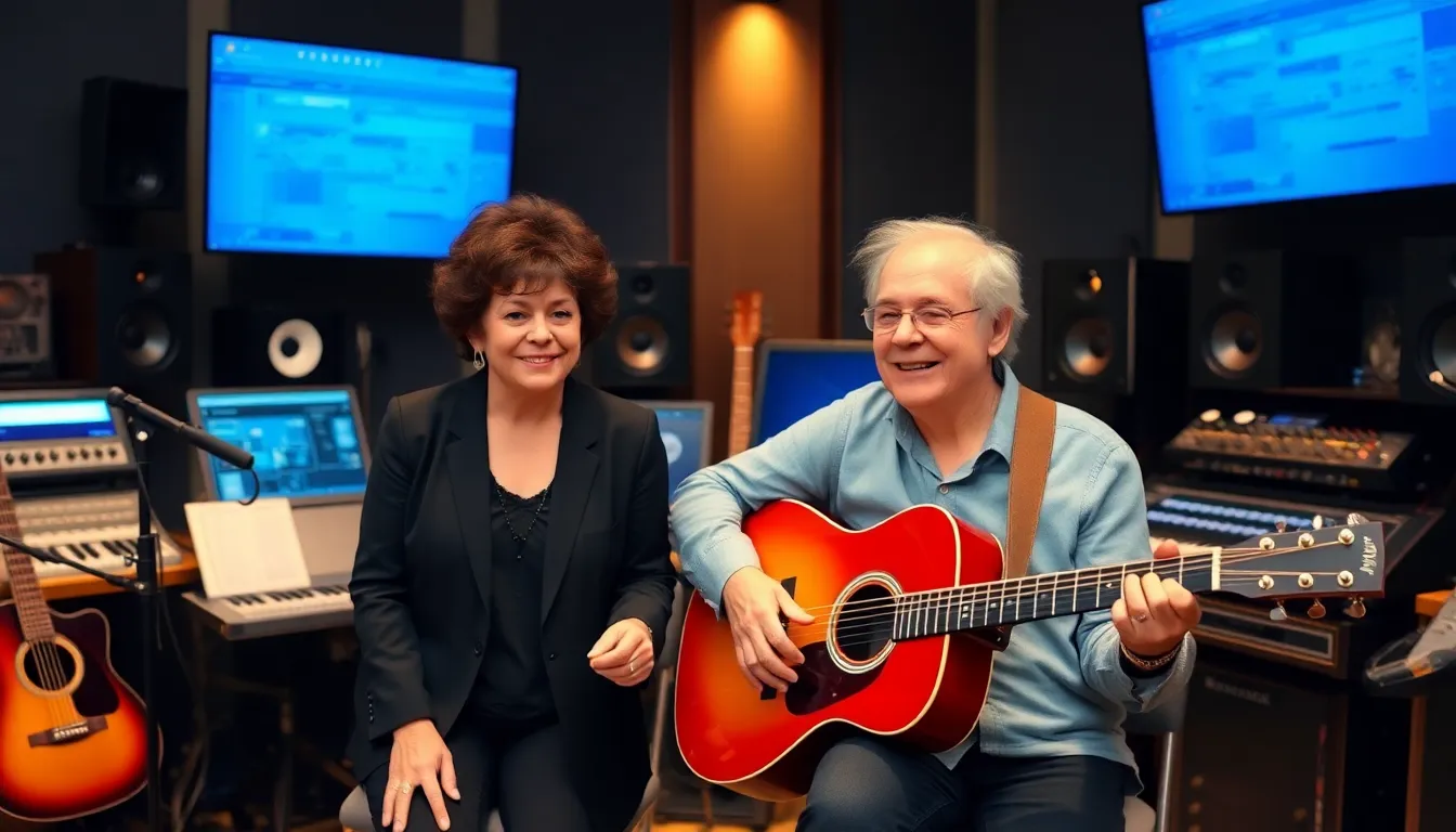 Liza Minnelli and Art Garfunkel are seen in a studio setting, engaging with advanced AI technology as they collaborate on new music projects.