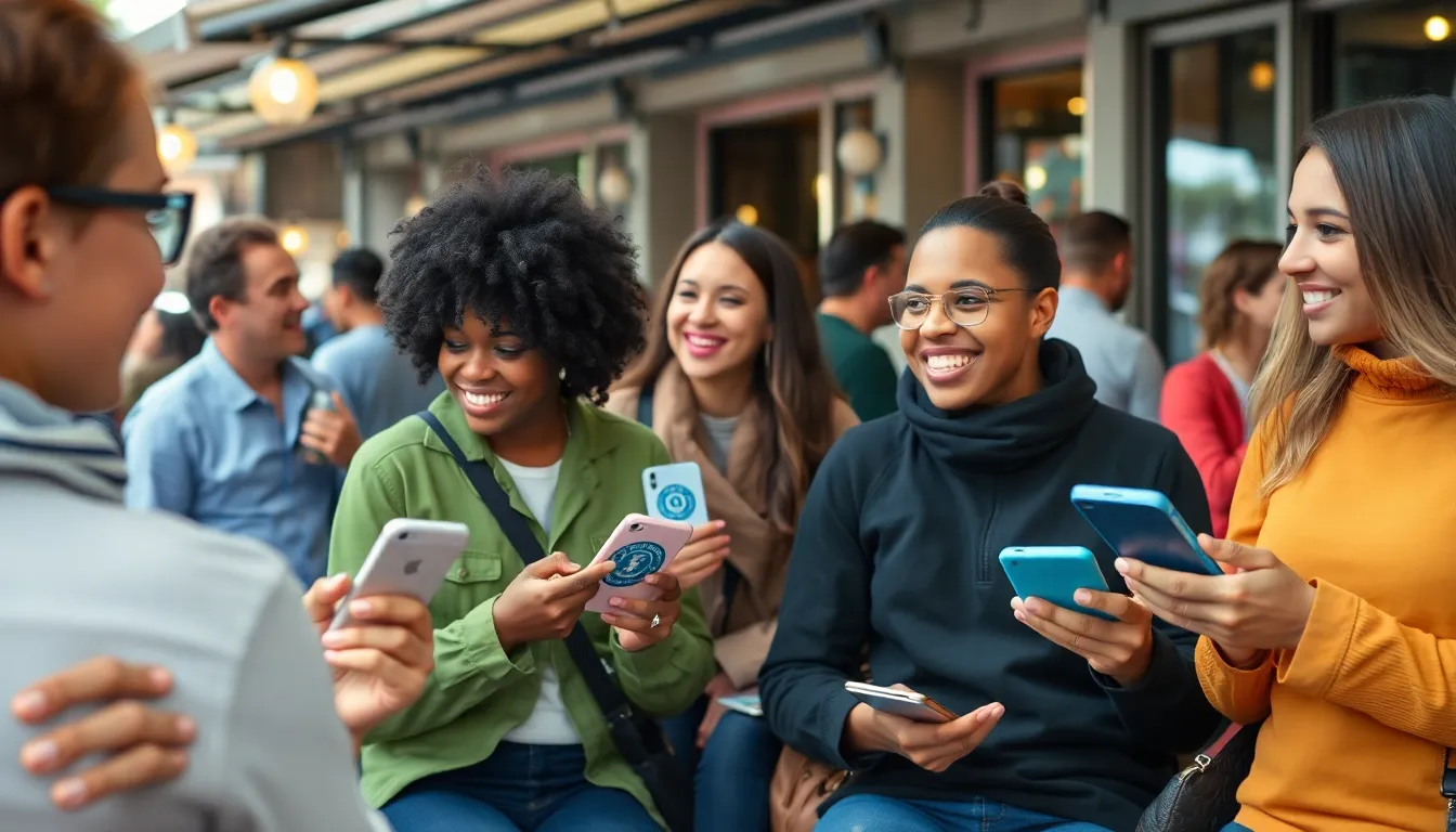 A group of diverse customers enthusiastically shares their positive experiences with a brand during a community event, highlighting the importance of customer advocacy in building loyalty.